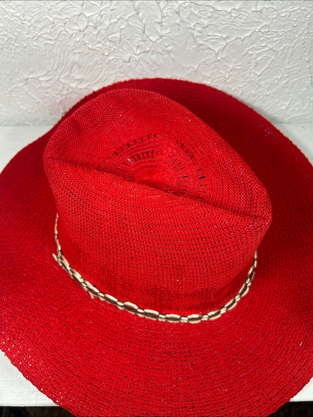 Red Woven Knit Cowboy Hat with Gold Ribbon Accent Chin Strap Summer Western Hat - Picture 7 of 11